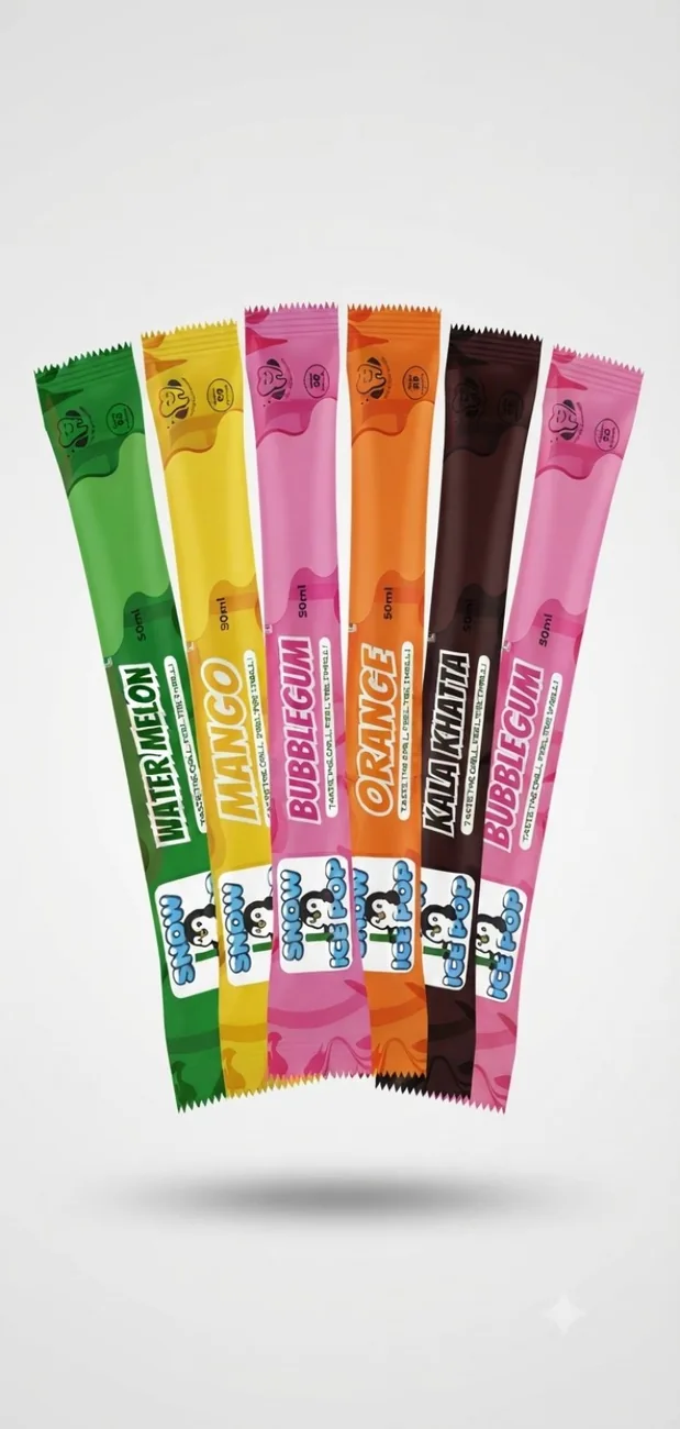 A fan of colourful SNOW ICE POP tube flavours