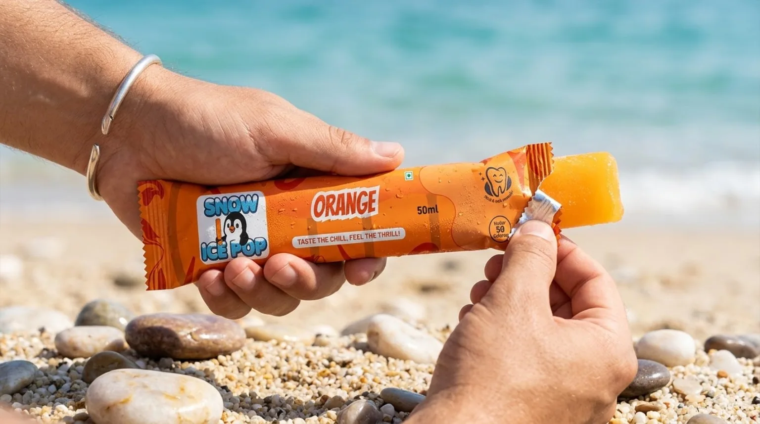 SNOW ICE POP Orange tube ice pop shown in a lifestyle setting