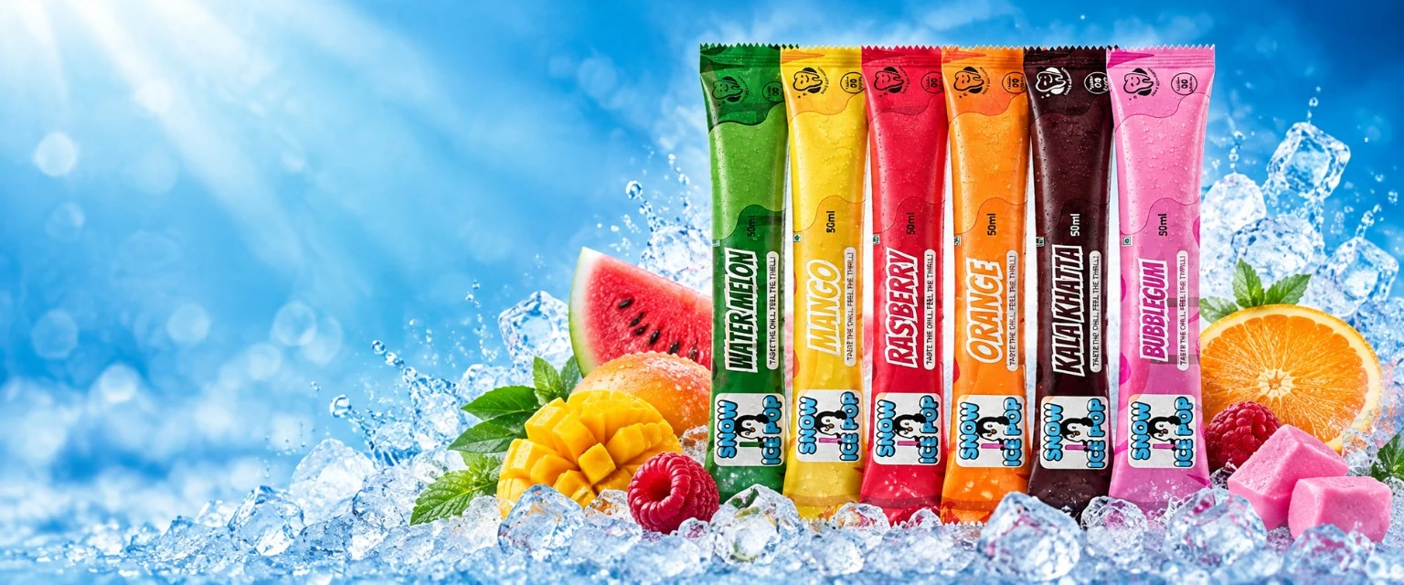Six colourful SNOW ICE POP tube ice pop flavours on sparkling ice